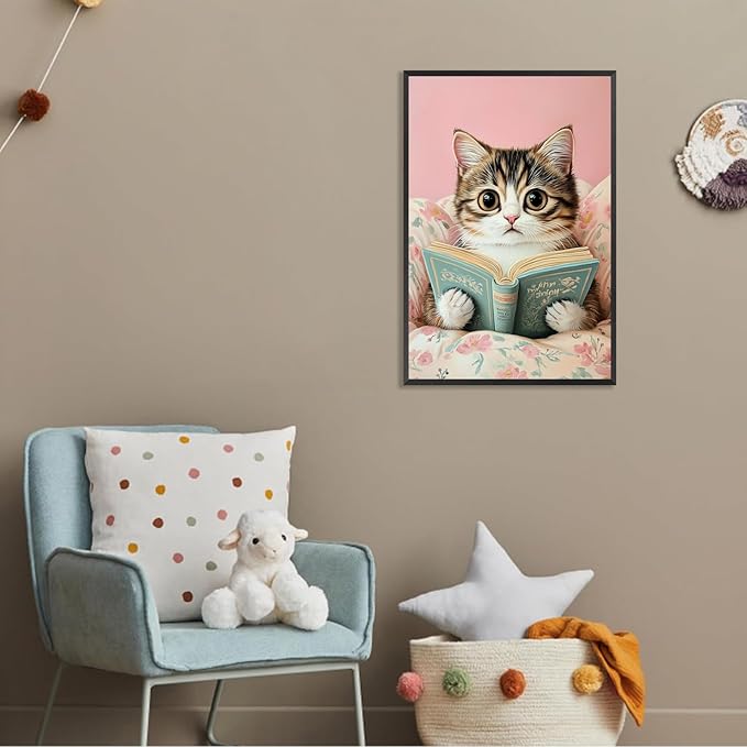 Funky Cute Cats Reading Books Canvas Wall Art Funny Pet Cat Animal Poster Trendy Pink Flower Wall Decor Cat Lovers Prints Painting For Home Bedroom Kids Room Dorm Wall Decor 12x16in Framed