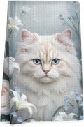 Cute White Cat Kitchen Towels, Aesthetic Flower Decorative Absorbent Microfiber Dish Cloth Tea Towel, Waffle Soft Hand Towels for Farmhouse Home Bathroom Kitchen Decor, Cat Lover Gifts