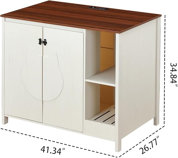 Cat-Faced Litter Enclosure for Placing Cat Robot 3/4, Power Outlet for More Choices, Litter Collector and Dog-Proof Adjustable Shelf (Antique White)