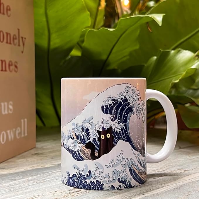 Famous Art Paintings Funny Cat Coffee Mug for Artist Teacher Cat Lovers, Famous Picture Classic Vincent Art Aesthetic Canvas Mug Birthday Gift for Women Man (The Great Wave)