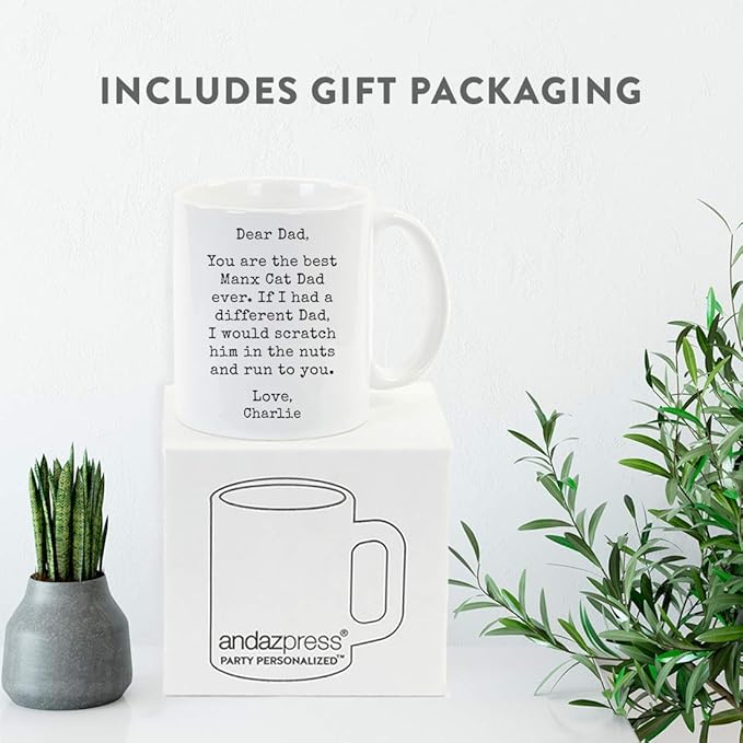 Andaz Press Personalized Funny Dad 11oz. Coffee Mug Gag Gift, Best Manx Cat Dad, Scratch in Nuts and Run to You, 1-Pack, Custom Cat Lover's Christmas Birthday Ideas, Includes Gift Box