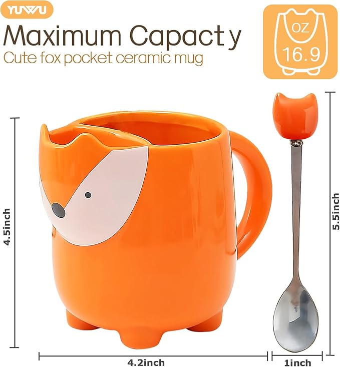 Yuwu 17oz Fox Mug with Built-in Tea Bag Holder and Spoon-Cute Glossy Ceramic Animal Tea Cup for Kids, Women, Girls-Gift for Autumn, Birthday, Christmas (orange)