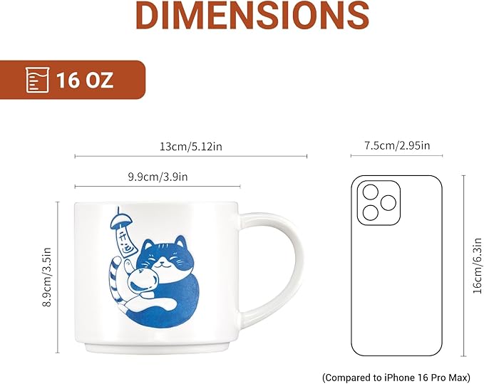 Cute Coffee Mugs Hand Painted, Food Safety, Japanse White Cat Mug 16oz large, Dishwasher & Microwave Safe Daily Office and Home