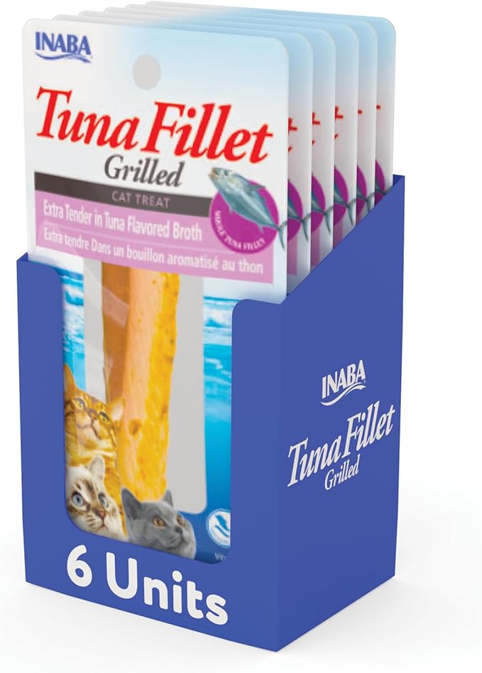 INABA Premium Hand-Cut Grilled Tuna Fillet Cat Treats/Topper with Vitamin E and Green Tea Extract, 0.52oz. Each, Pack of 6, Extra Tender Tuna Broth