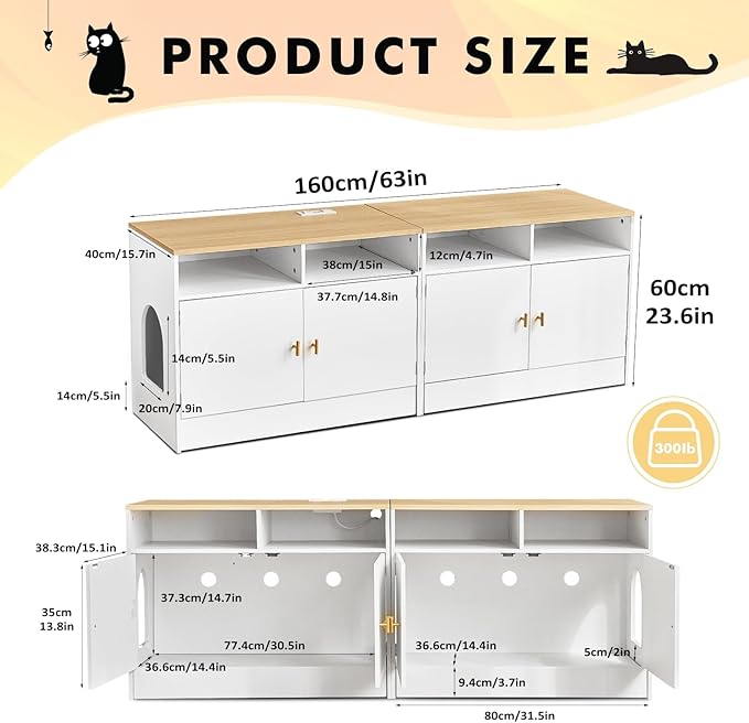 Cat Litter Box Enclosure for 2 Cats, TV Stand with Storage & Outlet, 63" Double Litter Box Enclosure Furniture, Wooden Enclosed Litter Box Cabinet, 63”L x 15.7”W x 23.6”H, White & Wood