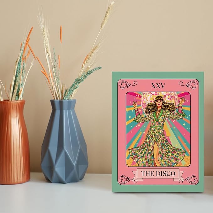 The Disco Tarot Card Wall Art, Dazzling Disco Ball Poster Trendy Canvas Framed Painting Room Decor, Vintage Dancing Queen Prints for Bar Cart Living Room Bedroom Decoration 15x11.4 inch