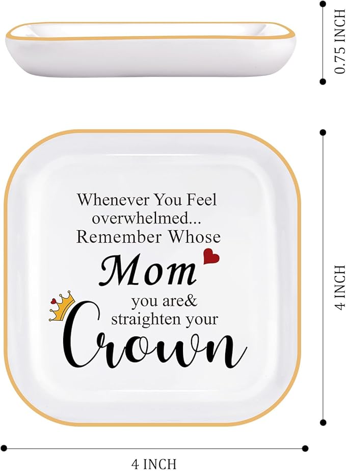 PUDDING CABIN Mom Birthday Gifts Jewelry Dish - Mom Straighten Your Crown - Inspirational Ceramic Trinket Dish for Keys Rings Earrings Organizer, Mothers Day Gift for Mom from Daughter Son