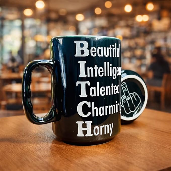 DongNaiWin Funny Coffee Mug for Women – Beautiful Intelligent Talented Charming Horny – Black Ceramic Cup with Finger Bottom, Sarcastic Novelty Gift for Best Friend, Sister, Coworker – 17 oz