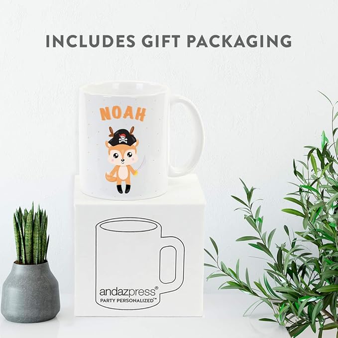Andaz Press Personalized 11oz. Kids Milk Hot Chocolate Mug, Deer with Pirate Black Hat, 1-Pack, Custom Child’s Birthday Christmas Coffee Cup
