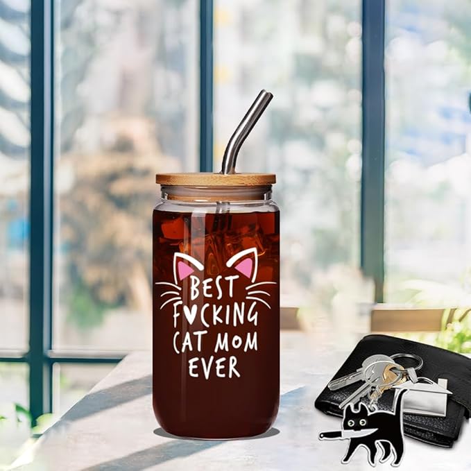 Funny Cat Glass Cup Set Best Cat Mom Ever Gifts for Cat Lover, Christmas Birthday Mothers Day Gifts for Cat Mom, Cute Cat Themed Gifts for Women Sister Bestie Daughter