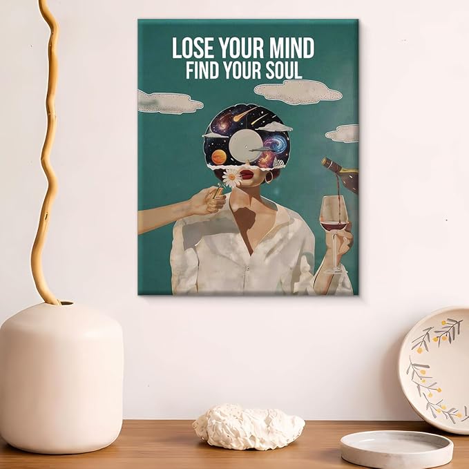 Retro Woman Music Canvas Wall Art Vintage Find Your Soul Print Painting Retro Wall Decor for Home Living Room Bedroom Bar 8x10 Inches Framed