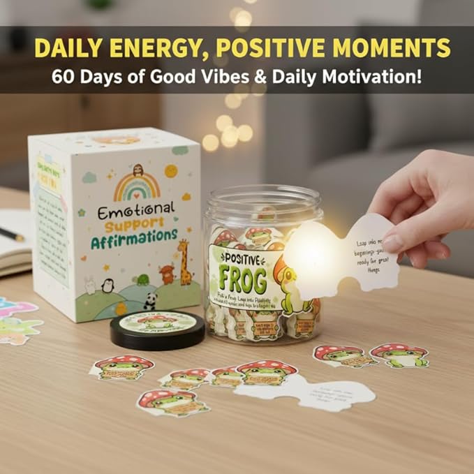 DEARMINE Positive Frog Jar with 60 Affirmation Cards, Emotional Support Gift, Christmas Home Office Decoration, Frog Gifts for Women, Teens, Teachers, Coworkers, Friends, Men