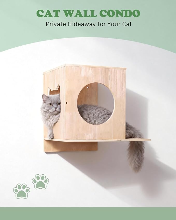 6 in 1 Cat Wall Shelves, Cat Wall Furniture with Cat Bridge, Wall Condo, Hammock, Steps, Climbing Post & Scratching Pad Space-Saving Indoor Cat Shelves for Play & Rest, up to 33 lbs