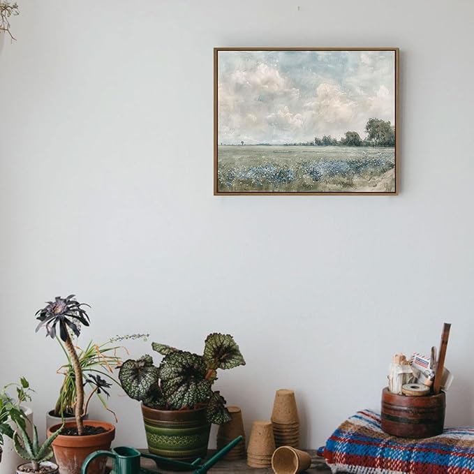 Framed Vintage Landscape Wall Art Vast Grassland Field Canvas Prints Nature Wilderness Scenery Pictures Wall Decor Rustic Wildflower Oil Painting Ready to Hang for Farmhouse Kitchen Decoration, 8"x10"