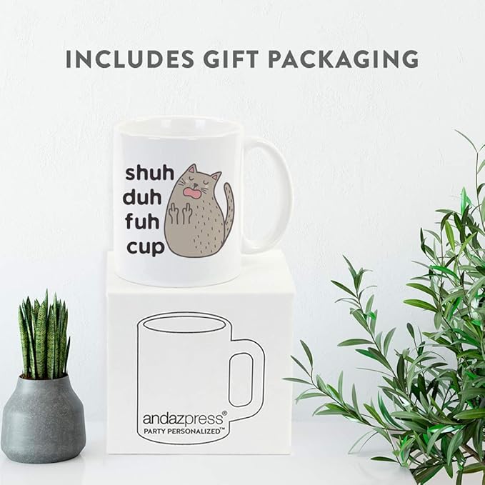Andaz Press 11oz. Funny Rude Coffee Mug Gag, Rude Cat Graphic, Shuh Duh Fuh Cup, 1-Pack, Cat Lovers Birthday Christmas Ideas with Box