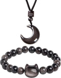 Black Obsidian Cat Bracelet and Moon Pendant Necklace Jewelry Set-Cat Lover Gifts,Wealth Attraction,Good Luck,Bead Bracelet,Mindfulness,Beaded Bracelets, Obsidian Pendant Necklace-Cute Gifts for Women