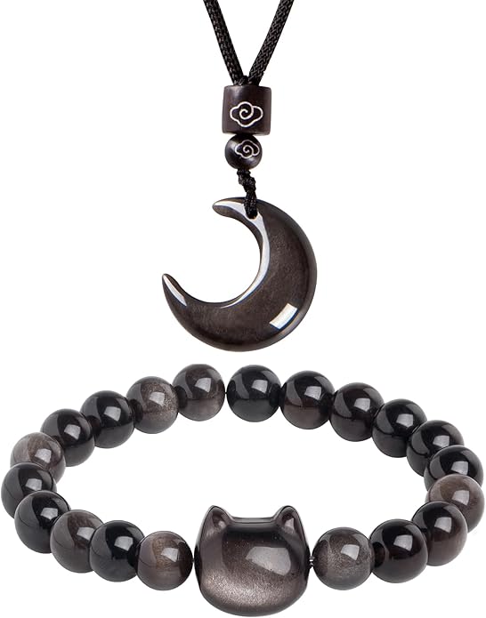 Black Obsidian Cat Bracelet and Moon Pendant Necklace Jewelry Set-Cat Lover Gifts,Wealth Attraction,Good Luck,Bead Bracelet,Mindfulness,Beaded Bracelets, Obsidian Pendant Necklace-Cute Gifts for Women