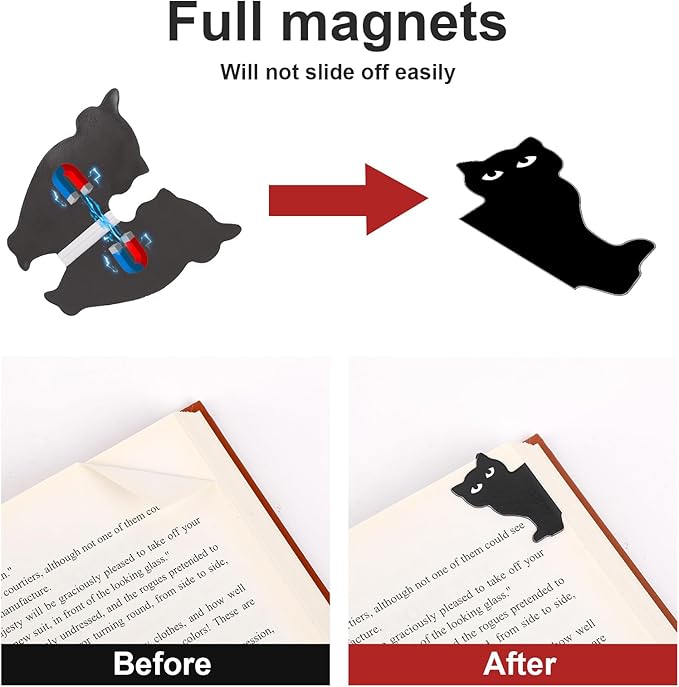 12 Pcs Magnetic Bookmarks, Black Cat Bookmarks for Women, Cute Cat Book Mark Clips Set, Magnetic Book Page Clips, Kawaii Bookmark for Women, Teachers, Students