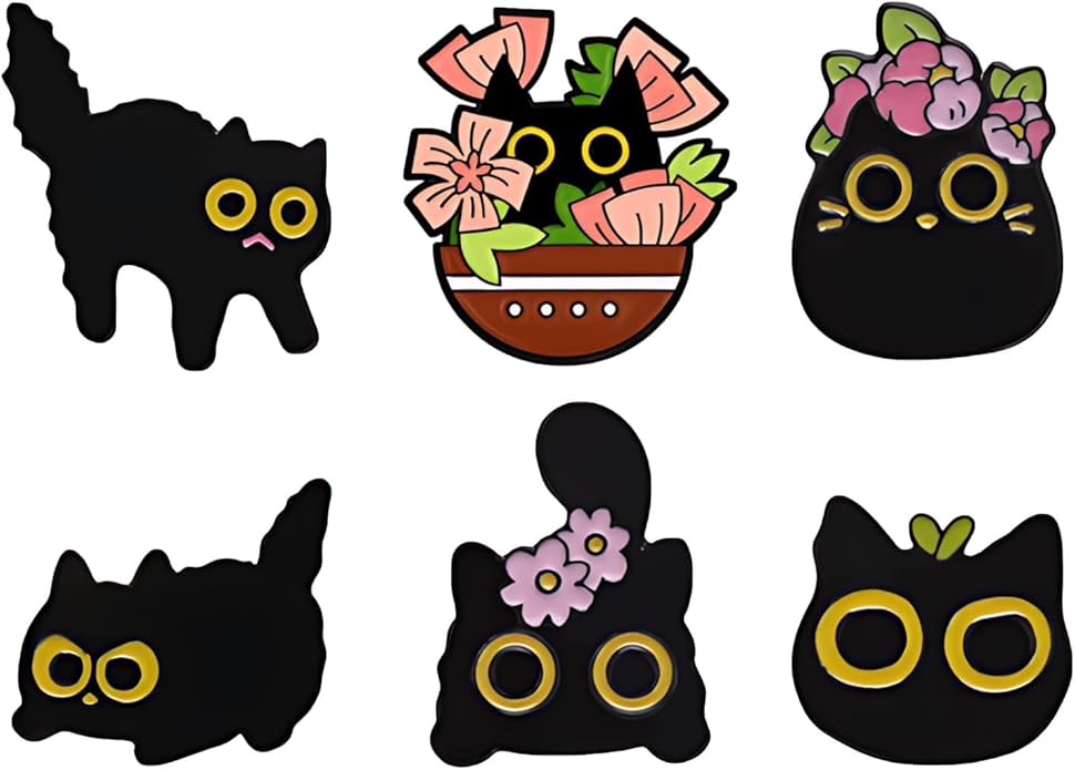 6Pcs Cat Pin Set, Cat Brooch, Black Cats Pin, Cute Pins for Jackets and Backpacks, Black Cats Gifts for Lovers, Ideal for Themed Accessories and Gifting