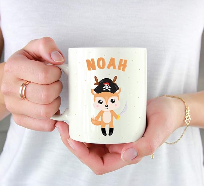 Andaz Press Personalized 11oz. Kids Milk Hot Chocolate Mug, Deer with Pirate Black Hat, 1-Pack, Custom Child’s Birthday Christmas Coffee Cup