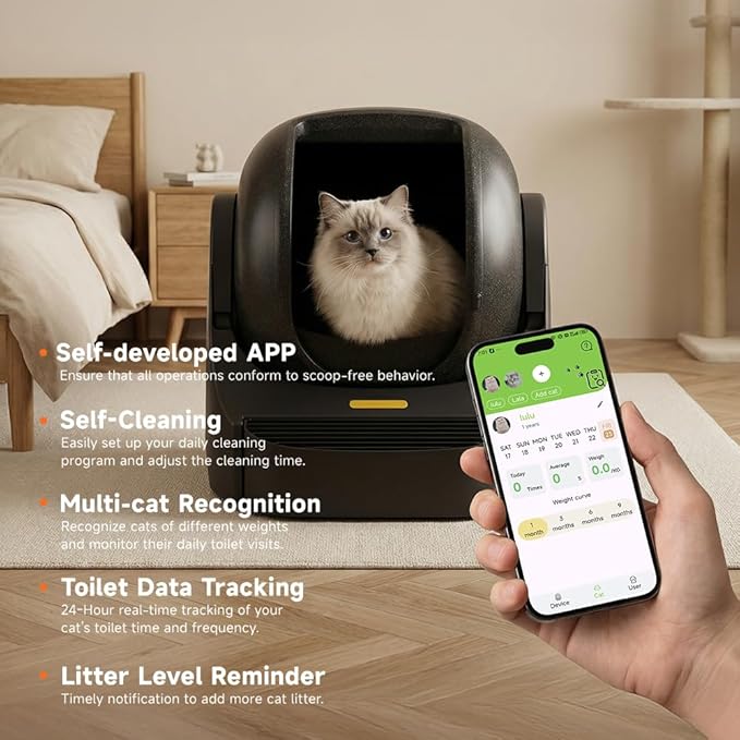 Open-Top Self-Cleaning Cat Litter Box,Automatic Cat Litter Box for Large & Multiple Cats Up to 33 lbs,App & Knob Control, Dual Sensors,Quiet Operation