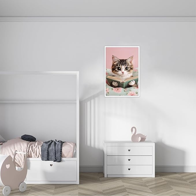 Trendy Cat Reading In Bed Canvas Wall Art Funny Pink Flower Animal Poster Funky Cat Lovers Monet Minimalist Prints Painting For Home Bedroom Kids Room Dorm Wall Decor 12x16in Unframed