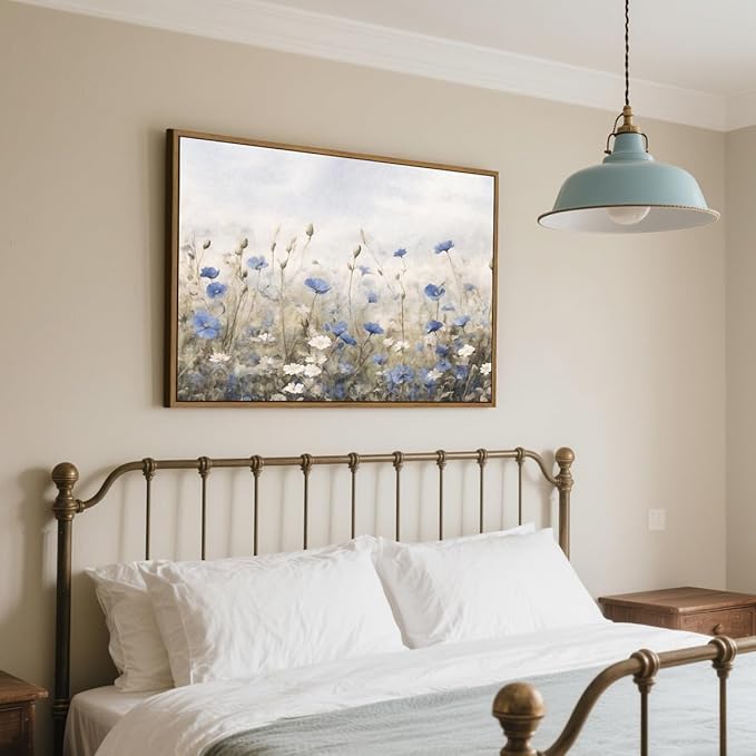 Vintage Floral Wall Art Blue White Flower Canvas Art Prints Wildflower Pictures Wall Decor Nature Landscape Oil Painting Framed Botanical Artwork for Girls Room Bedroom Farmhouse Decoration, 20''x28''