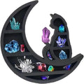 Wooden Moon Shelf for Crystals Display, Rustic Wooden Fairy Shelf for Crystals, 14In Large Wall Mounted Crystal Display Gothic Witchy Home Decor (Moon cat)