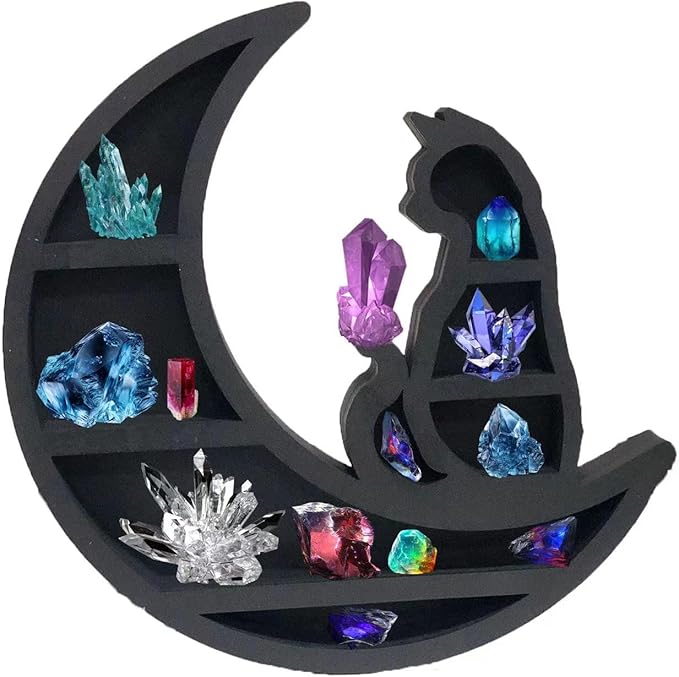 Wooden Moon Shelf for Crystals Display, Rustic Wooden Fairy Shelf for Crystals, 14In Large Wall Mounted Crystal Display Gothic Witchy Home Decor (Heart Shape)