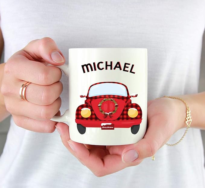 Andaz Press Personalized 11oz. Kids Hot Chocolate Mug, Red VW Bug Car with Wreath, 1-Pack, Custom Child’s Birthday Christmas Coffee Cup