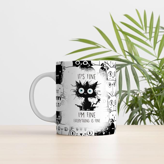 Cats Lover Gifts, Funny Black Cats Mug, Everything Is Fine Cat Mug, Birthday Christmas Gift for Kitty Mom, Crazy Cat Halloween Gifts, 11 Oz Coffee Cup