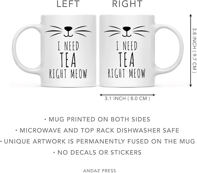 Andaz Press Funny Cat Lover 11oz. Ceramic Coffee Tea Mug, I Need Tea Right Meow, 1-Pack, for Cat Mom, Birthday Christmas Ideas, Includes Box