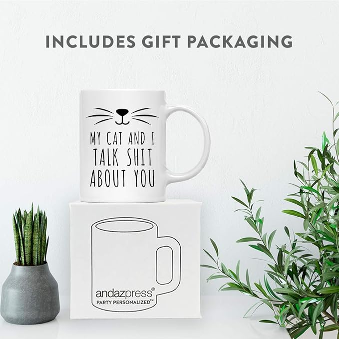 Andaz Press Funny Pet Lover 11oz. Ceramic Coffee Tea Mug, My Cat And I Talk Shit About You, 1-Pack, For Cat Mom, Birthday Christmas Ideas, Includes Box All About Cats