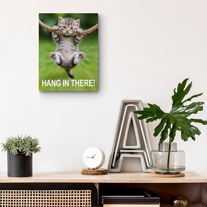Hang in There Cat Canvas Wall Art, 11.4x15in Funny Motivational Cat Framed Art Paintings Wall Decor Unique Inspirational Gifts Animal Lover Prints Picture for Living Room Bathroom Farmhouse Decor