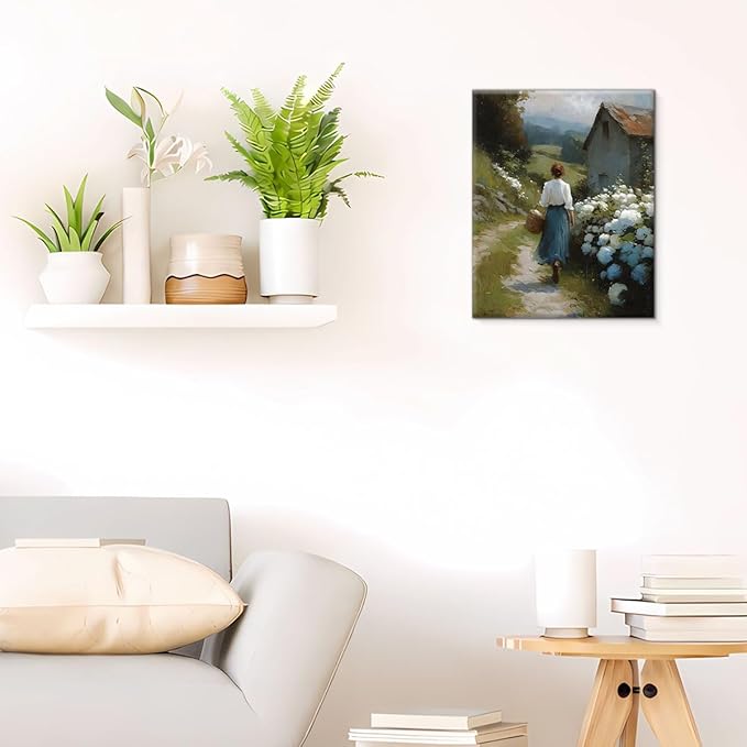 Vintage Country Woman Canvas Wall Art Rustic Floral Path Print Painting Cottagecore Wall Decor for Home Farmhouse Living Room 8x10 Inches Framed