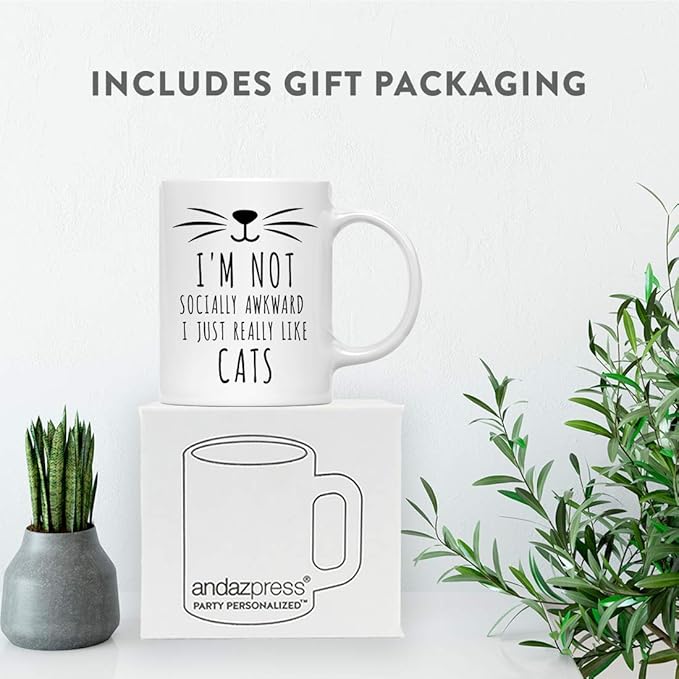 Andaz Press Funny Cat Lover 11oz. Ceramic Coffee Tea Mug, I'm Not Socially Awkward I Just Really Like Cats, 1-Pack, for Cat Mom, Birthday Christmas Ideas, Includes Box