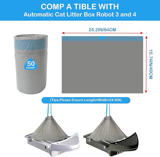 50 Count Cat Litter Box Liners Compatible with Robot 4 & 3 Liners for Self Cleaning Litter Box Replacement Cat 25.2" x 15.75" Waste Bags Litter Bags