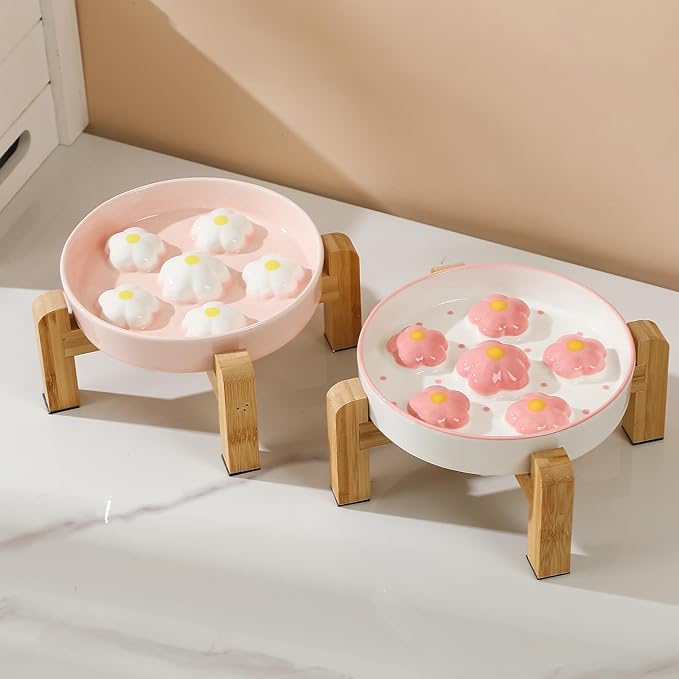 Elevated Slow Feeder Cat Bowl - Maze Puzzle Cat Food Dish with Bamboo Stand, Anti-Slip - Raised Base for Comfortable Eating - 6 OZ - White Flowers