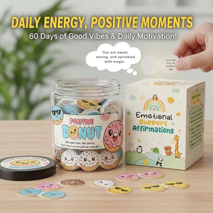 DEARMINE Positive Donut Jar with 60 Affirmation Cards, Emotional Support Donut Gift, Gifts for Teenage Girls, Friendship Gifts for Women