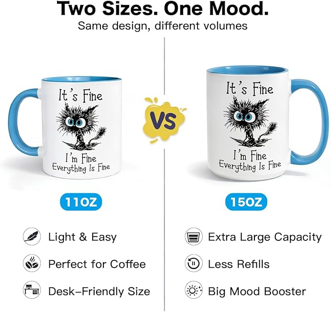 Funny Black Cat Coffee Mug – 15oz Sarcastic I am Fine Everything's Fine Cup – Big Ceramic Mug with Blue Handle – Microwave & Dishwasher Safe – Funny Gag Gift for Cat Lovers, Women, Coworkers