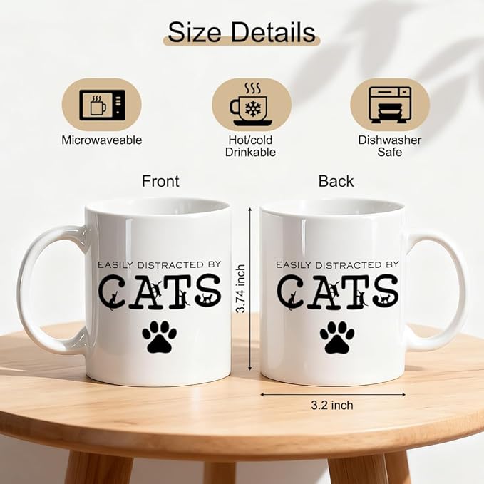 Easily Distracted By Cats Ceramic Coffee Mug, Black Cat Theme Mug For Coffee Lover, Funny Ceramic Drinking Cup For Kitten Lovers, Thank You Gifts For Friend Coworkers Family Pet Owners