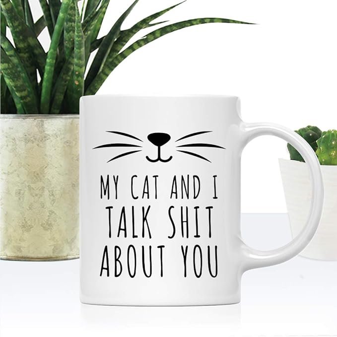 Andaz Press Funny Pet Lover 11oz. Ceramic Coffee Tea Mug, My Cat And I Talk Shit About You, 1-Pack, For Cat Mom, Birthday Christmas Ideas, Includes Box All About Cats