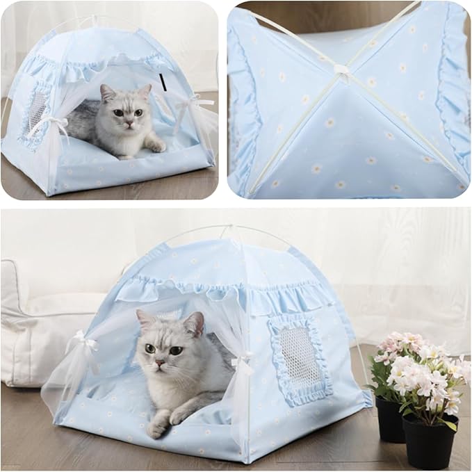 Selena Cat Bed Tents Dog House Indoor Outdoor Lace Mesh Breathable Windows Door Curtains Removable Portable Nest Teepe House (Medium,Blue)