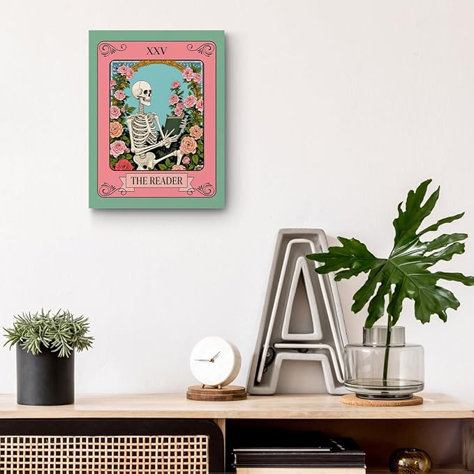 The Reader Tarot Card Wall Art, Funny Skeleton Wallpaper Artwork, Floral Framed Canvas Prints Whimsical Decor, Gothic Theme Prints for Living Room Entryway Bedroom Book Shelf 15x11.4 inch