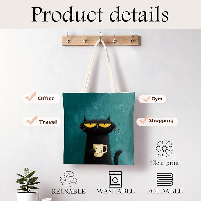 Funny Black Cat Coffee Canvas Tote Bag for Women, Grumpy Cat Lover Gift Reusable Grocery Shopping Shoulder Bag, Aesthetic Black Cats Tote for Work Beach Gym