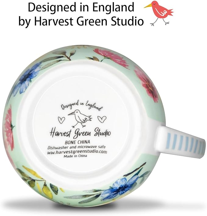 20 oz Bees & Flowers Coffee Hug Mug,“Be Happy” Designed to Spread Joy, Premium Bone China, Best Gifts for Mom Women Mothers Day, Designed in England by Harvest Green Studio