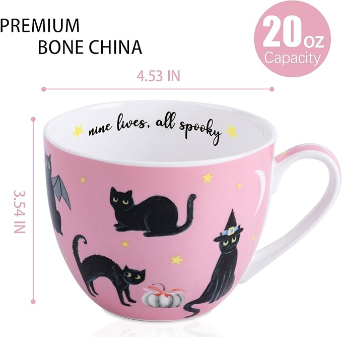 Black Cat Mugs - 20 oz Bone China Black Cat Coffee Mug with Pumpkin, Cute Spooky Holiday Gifts for Friends and Family, Designed in England by Harvest Green Studio