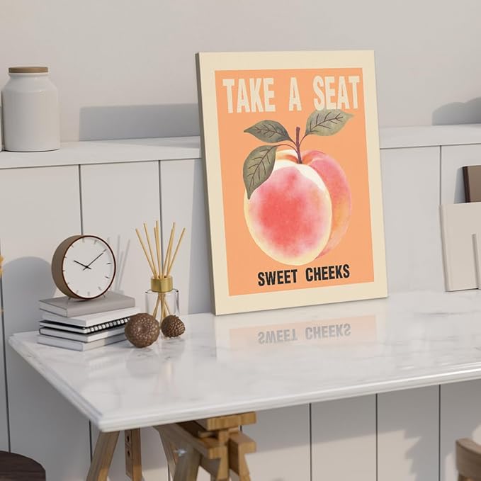 Take A Seat Sweet Cheeks Framed Canvas Wall Art, Lovely Peach Decor Wall Painting, Funny Abstract Fruits Poster Modern Decor for Home Living Room Bedroom Office, 11.4"x15"