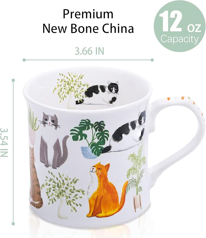 Cute Cats & Plants Coffee Mug - 12 oz Fine New Bone China Coffee Tea Cup with Kitten Design, Cat Mom Gifts for Women, Holiday Gift for Cat Lovers & Friends, Designed in England by Harvest Green Studio
