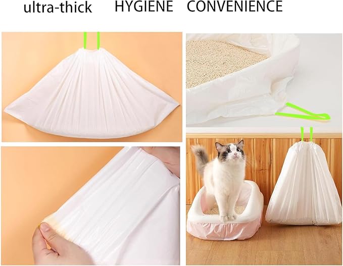 20 Count Cat Drawstring Litter Box Liners 26.6x16.7 inches 2Mils Super Thickfor Self-Cleaning Litter Box Cat Litter Pan Trays (Green Drawstring 20 count)